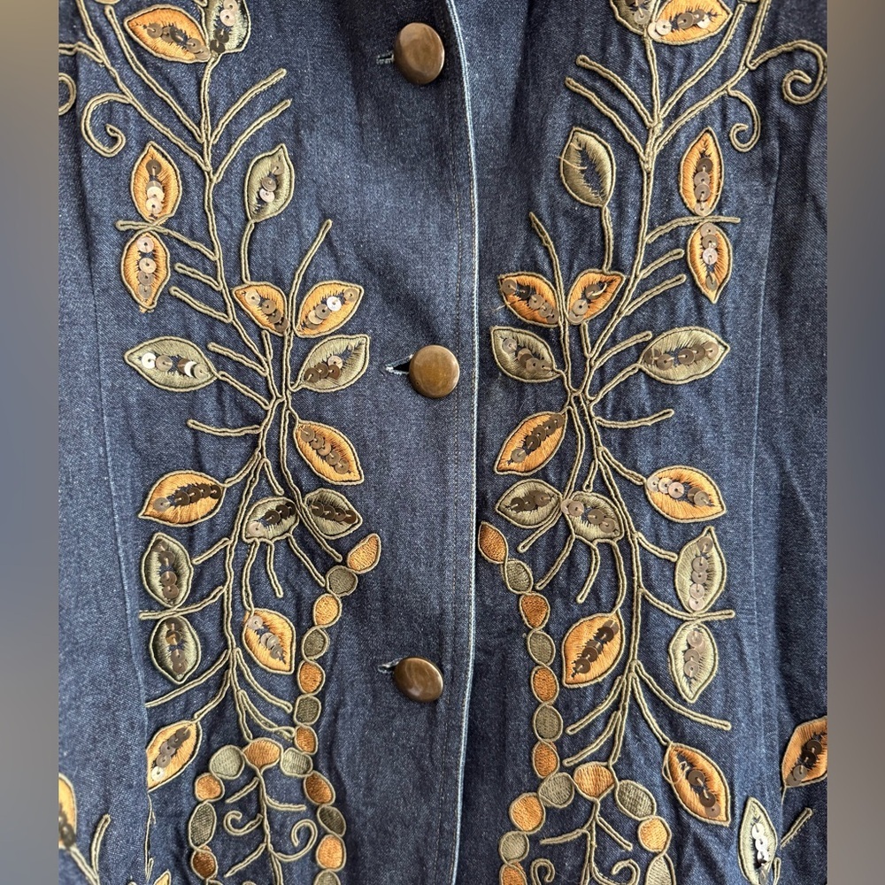 Ann Gerlin Embroidered Denim Jacket Boho Floral Sequin Size 14 - Picture 2 of 5